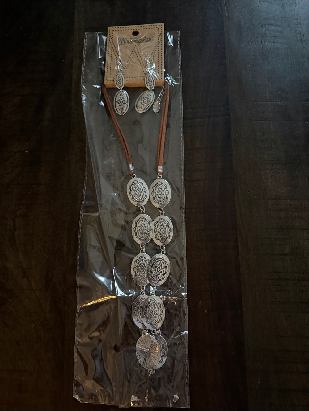 Wrangler Silver-Tone Concho Necklace with Brown Cord Accents